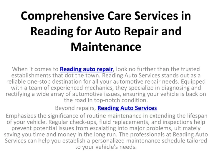 comprehensive care services in reading for auto repair and maintenance