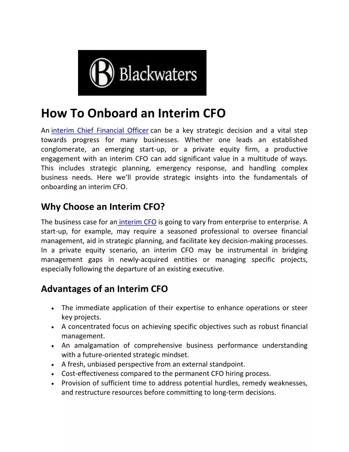 how to onboard an interim cfo