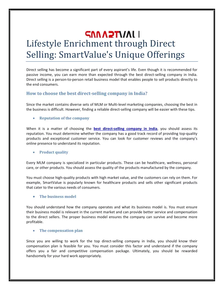 lifestyle enrichment through direct selling