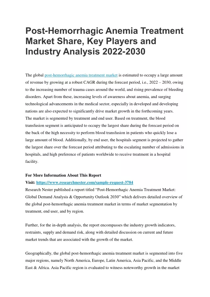 post hemorrhagic anemia treatment market share