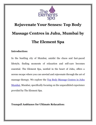 Top Body Massage Centres in Juhu Mumbai |Call-7028064889| The Element Spa