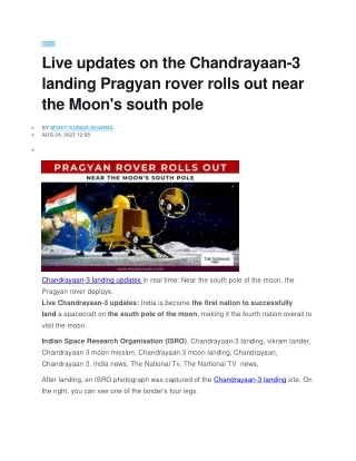 Live updates on the Chandrayaan-3 landing Pragyan rover rolls out near the Moon's south pole