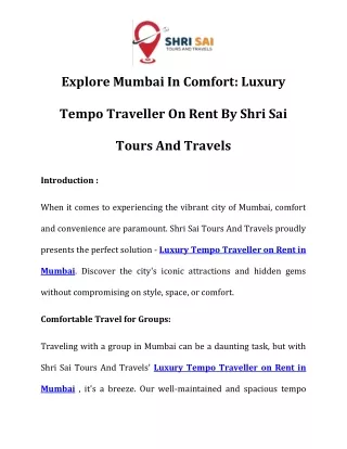 Luxury Tempo Traveller on Rent in Mumbai |Call-7414977033|Shri Sai Tours And Tra