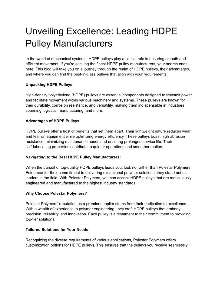 unveiling excellence leading hdpe pulley