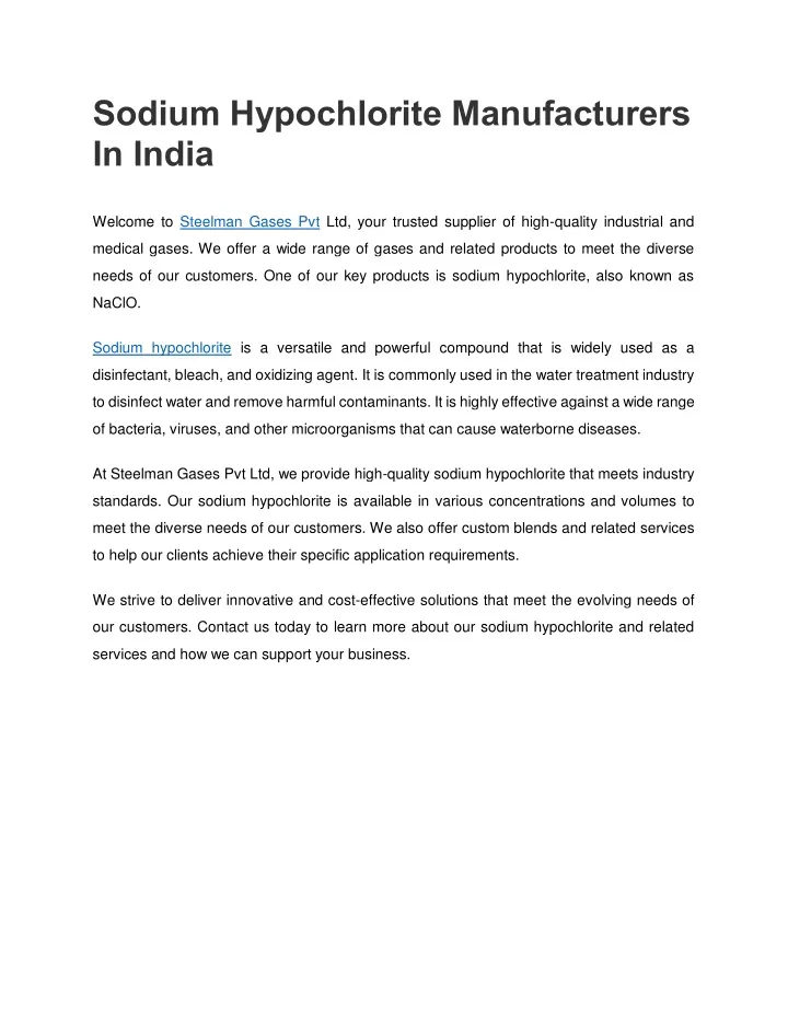 sodium hypochlorite manufacturers in india