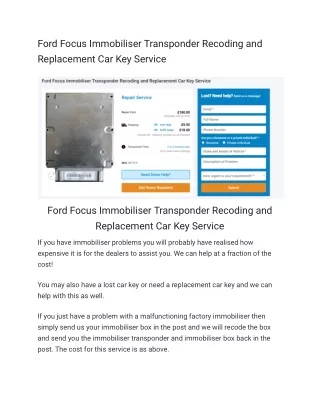 Ford Focus Immobiliser Transponder Recoding and Replacement Car Key Service