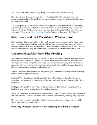 Solar Panel Bird Proofing