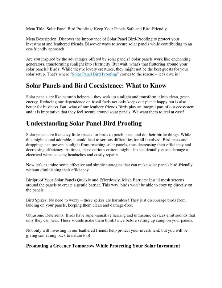 meta title solar panel bird proofing keep your