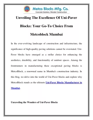 Uni-Paver Blocks Manufacturer in Mumbai Call-8530470899