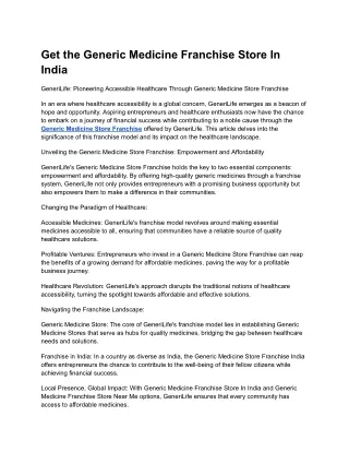 Get the Generic Medicine Franchise Store In India