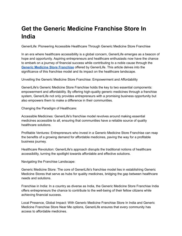 get the generic medicine franchise store in india