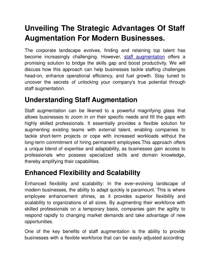 unveiling the strategic advantages of staff augmentation for modern businesses