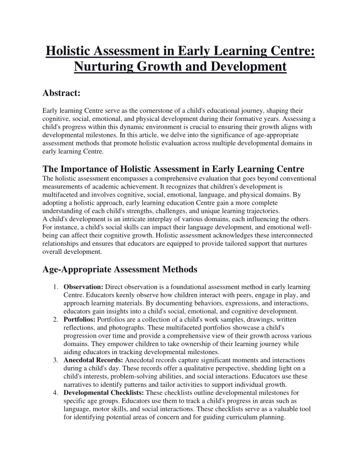 holistic assessment in early learning centre