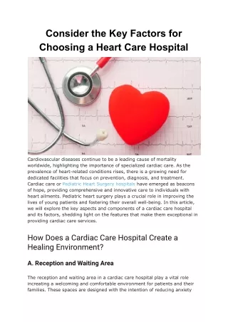 Consider the Key Factors for Choosing a Heart Care Hospital