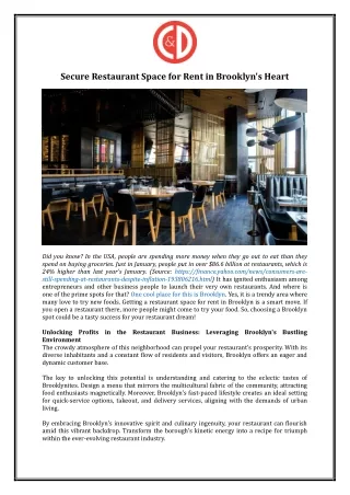 Corbett & Dullea Real Estate - Secure Restaurant Space for Rent in Brooklyn's He