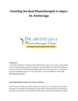 Unveiling the Best Physiotherapist in Jaipur Dr. Arvind Jaga