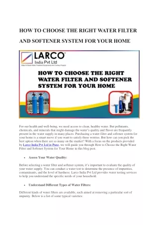 HOW TO CHOOSE THE RIGHT WATER FILTER AND SOFTENER SYSTEM FOR YOUR HOME