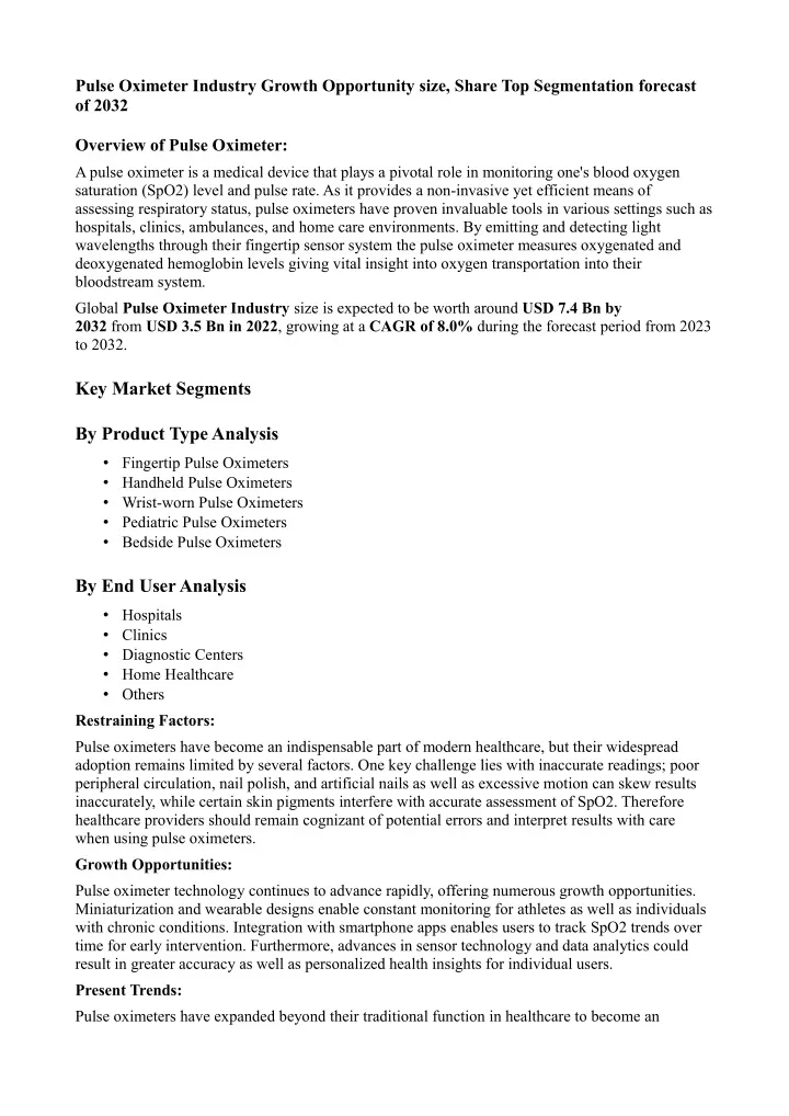 pulse oximeter industry growth opportunity size