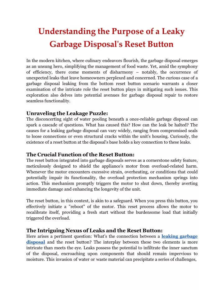 understanding the purpose of a leaky garbage disposal s reset button