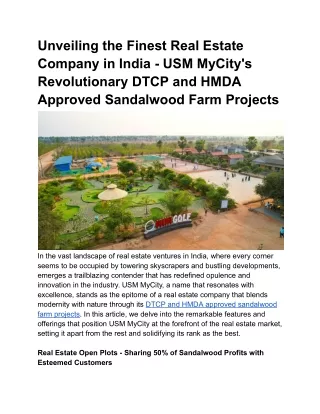 Unveiling the Finest Real Estate Company in India - USM MyCity's Revolutionary DTCP and HMDA Approved Sandalwood Farm Pr