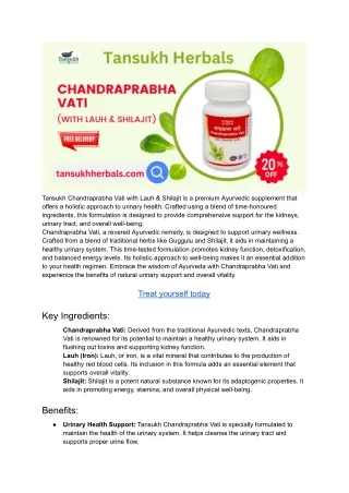 Tansukh Chandraprabha Vati (With Lauh & Shilajit) - Ayurvedic Wellness for Urinary Health