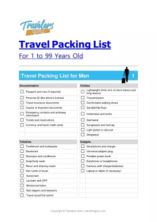 travel packing list for 1 to 99 years old