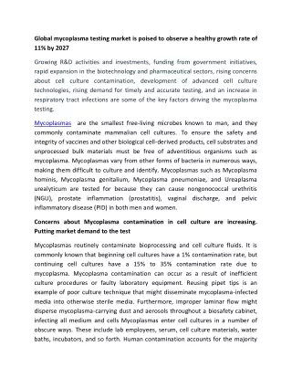 Global mycoplasma testing market is to grow at a rate of 11% by 2027