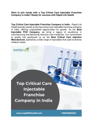 Want to join hands with a Top Critical Care Injectable Franchise Company in India