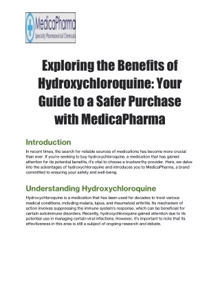 Exploring the Benefits of Hydroxychloroquine: Your Guide to a Safer Purchase wit