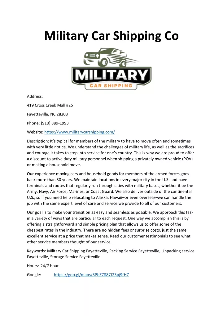 military car shipping co