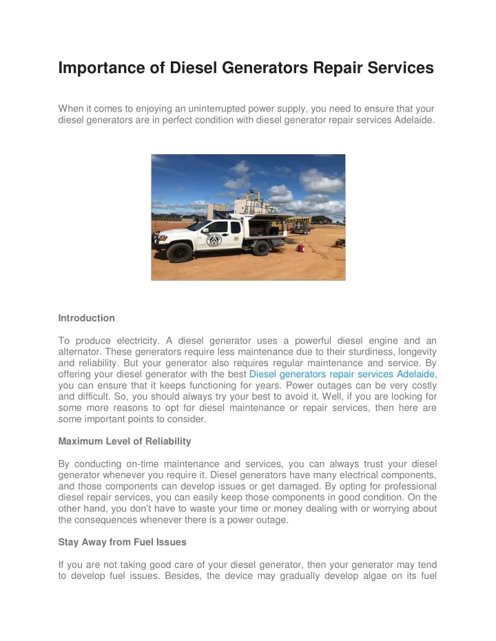 importance of diesel generators repair services