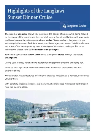 Highlights of the Langkawi Sunset Dinner Cruise