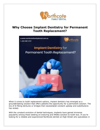 Why Choose Implant Dentistry for Permanent Tooth Replacement?