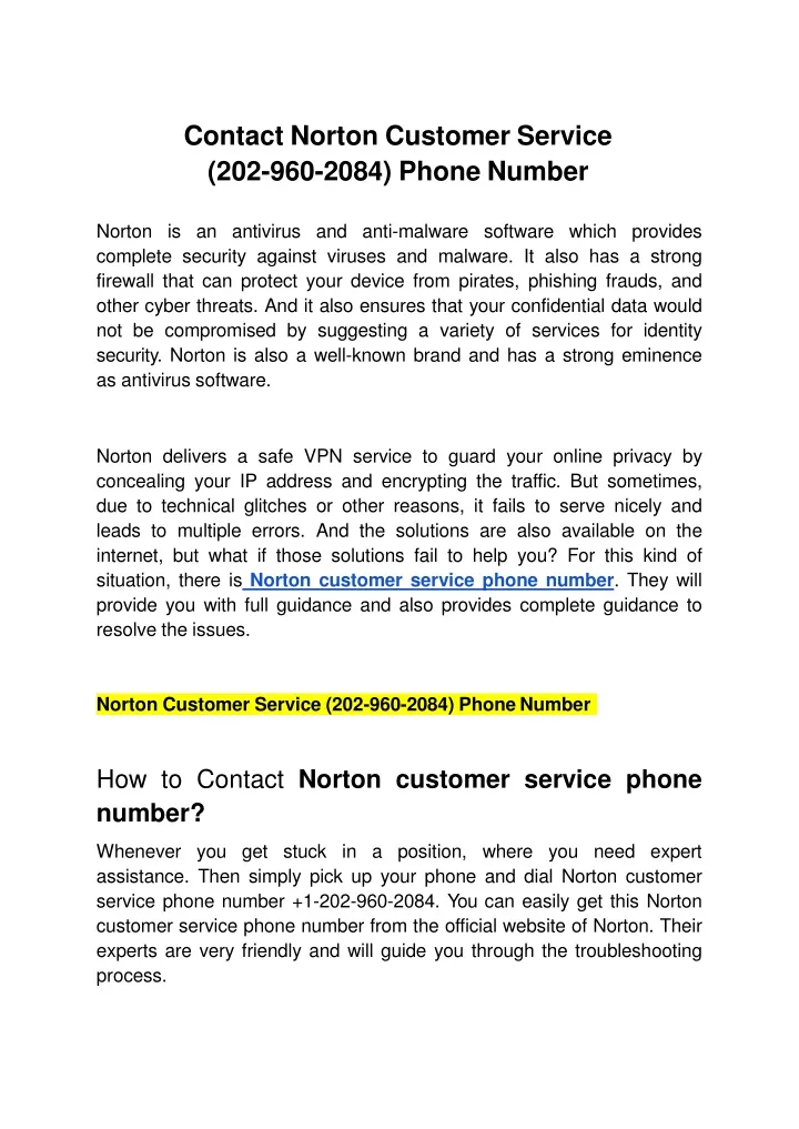 contact norton customer service 202 960 2084