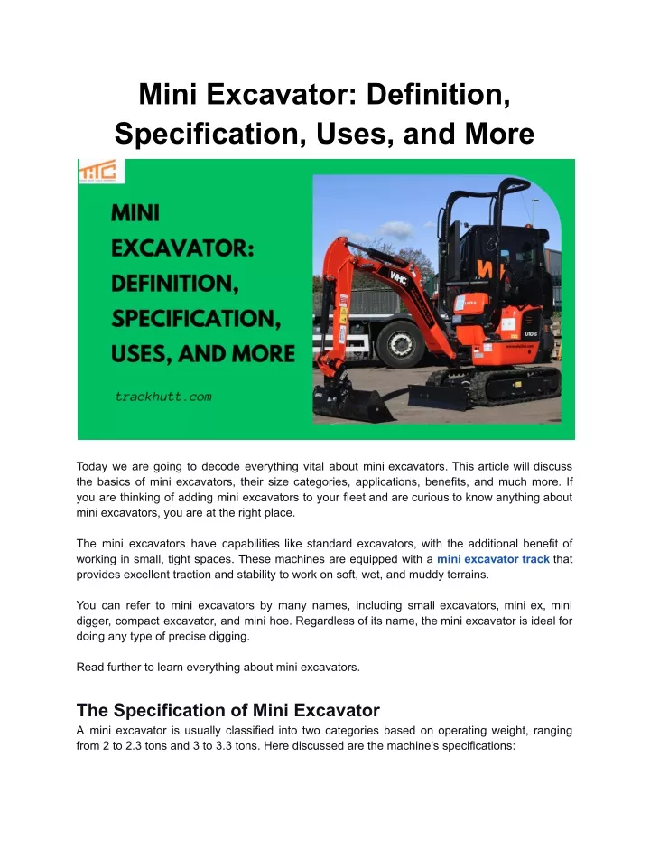 mini excavator definition specification uses