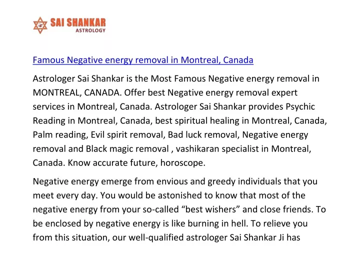 famous negative energy removal in montreal canada