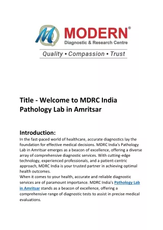 Welcome to MDRC India Pathology Lab in Amritsar