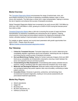 Transplant Diagnostics Market Focus on Revenue, SWOT analysis up to 2032