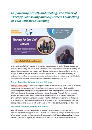 Empowering Growth and Healing - The Power of Therapy Counselling and Self-Esteem Counselling at Talk with Me Counselling