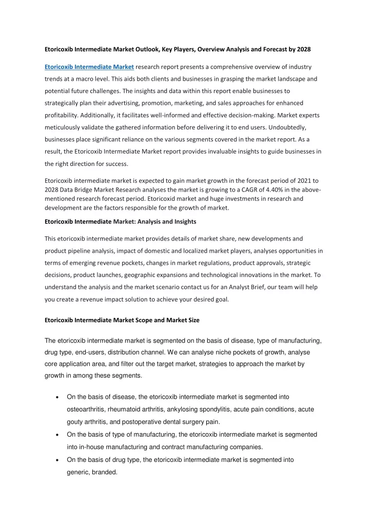 etoricoxib intermediate market outlook