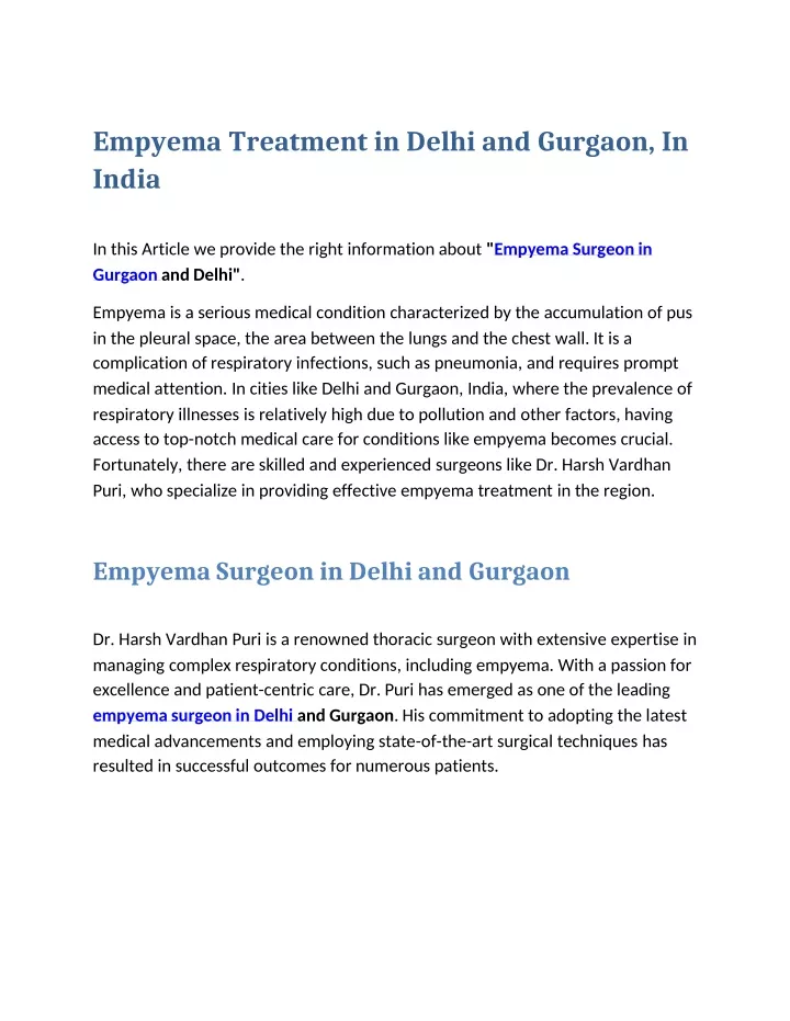 empyema treatment in delhi and gurgaon in india