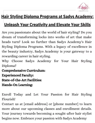 Hair Styling Diploma Programs at Sadys Academy Unleash Your Creativity and Elevate Your Skills