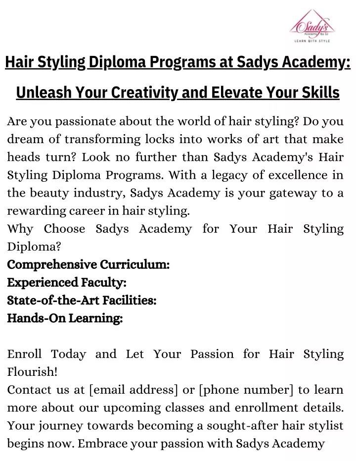 hair styling diploma programs at sadys academy