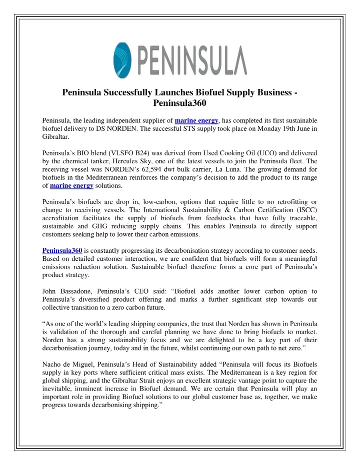 peninsula successfully launches biofuel supply