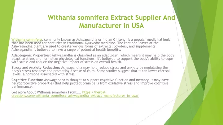 withania somnifera extract supplier and manufacturer in usa