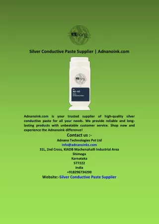 Silver Conductive Paste Supplier  Adnanoink com