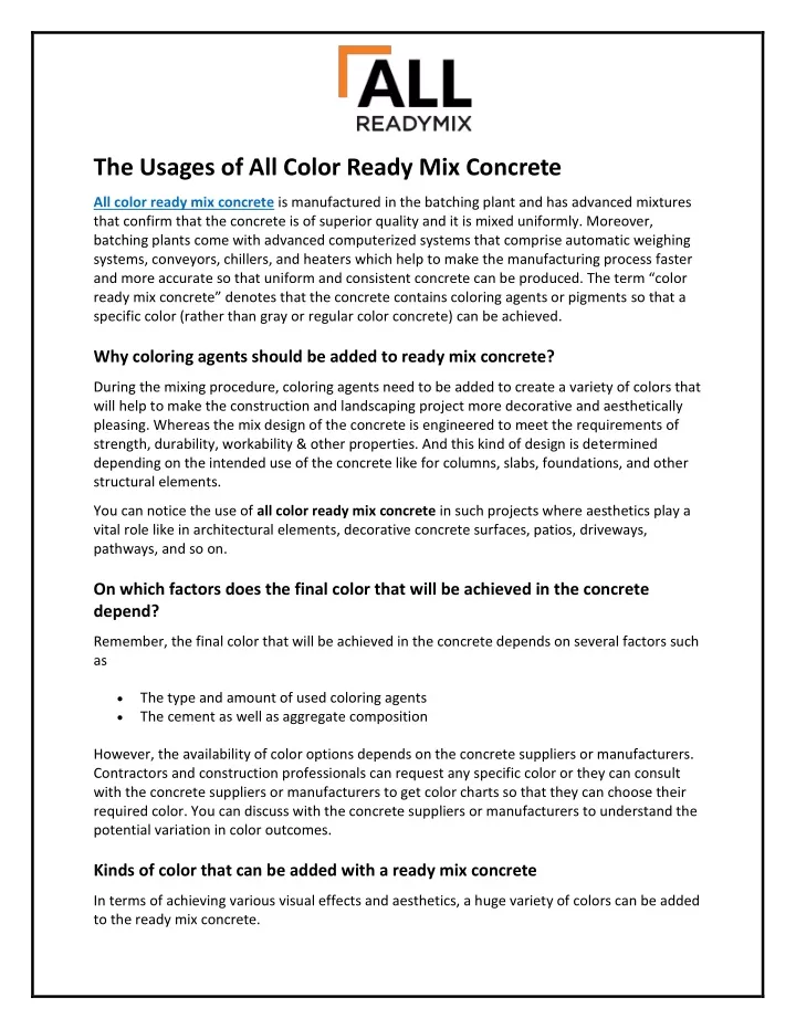 the usages of all color ready mix concrete