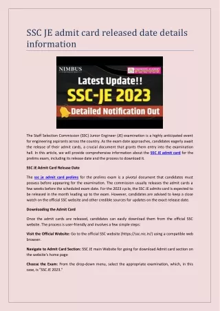 ssc je admit card released date details