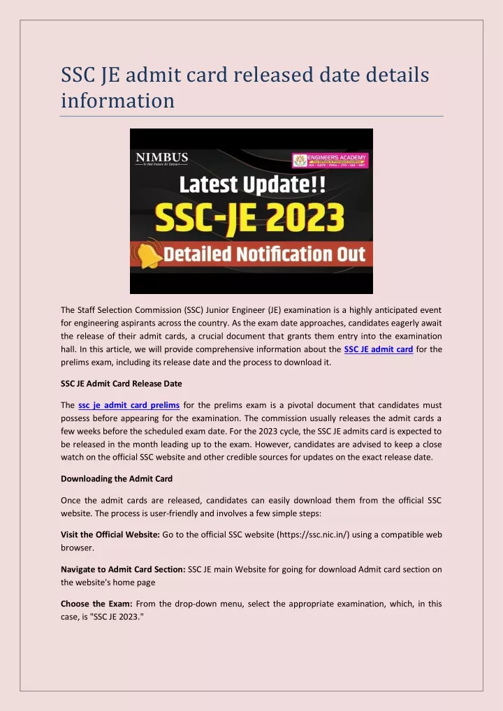 ssc je admit card released date details