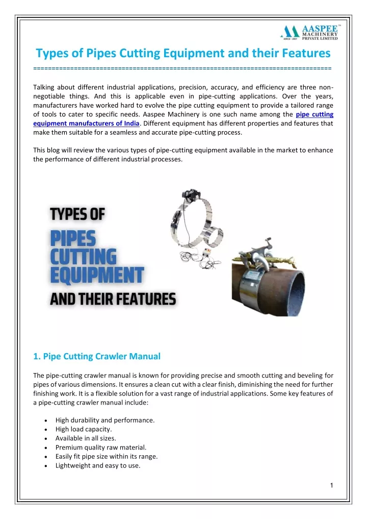 types of pipes cutting equipment and their